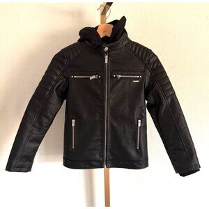 Guess Kid’s Faux Leather Biker Jacket Black Removable Hood Motorcycle Size 10